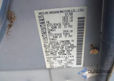 2008 Nissan Quest 3.5 S z USA, uszkodzony, nr VIN 5N1BV28U48N121749